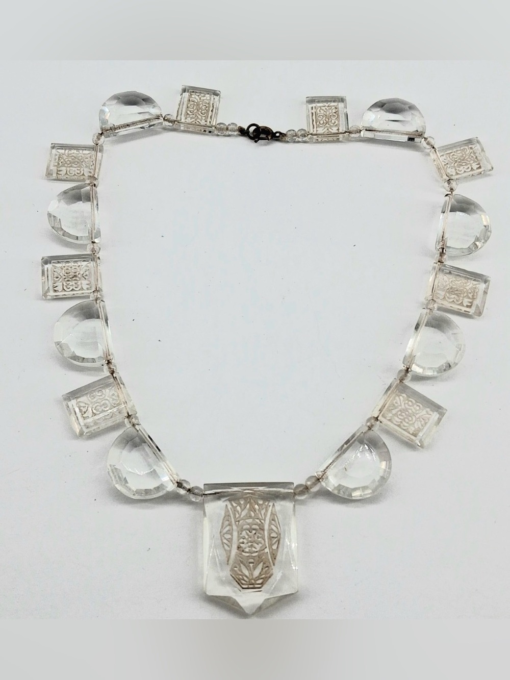 RARE Vintage Art Deco Etched Faceted Carved Czech Glass Crystal Bib Necklace